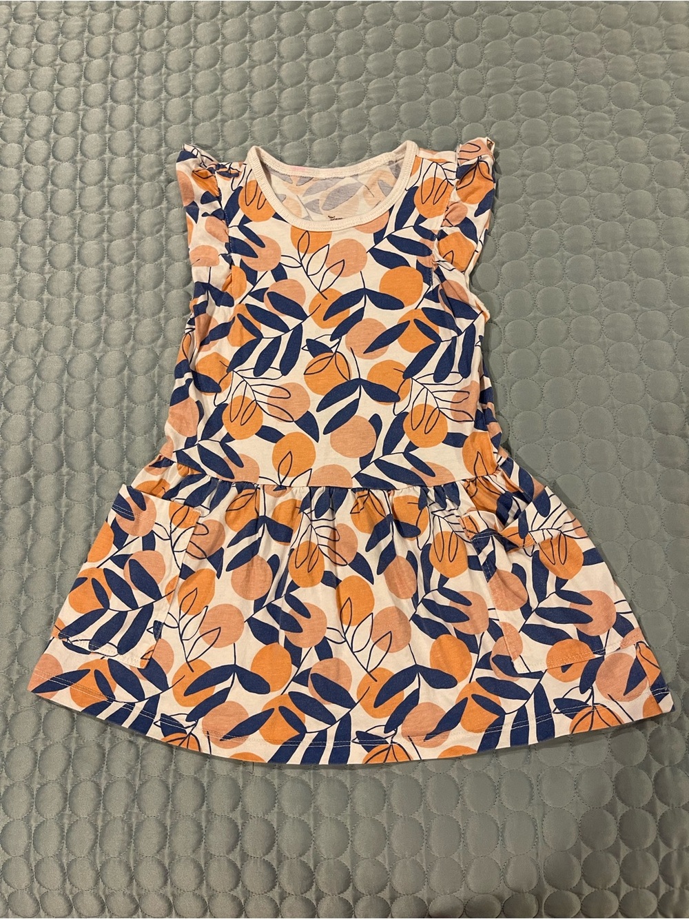 Tea Collection Flutter Sleeve Pocket Dress Oranges Navy Leaves Sz 2/3 100%Cotton